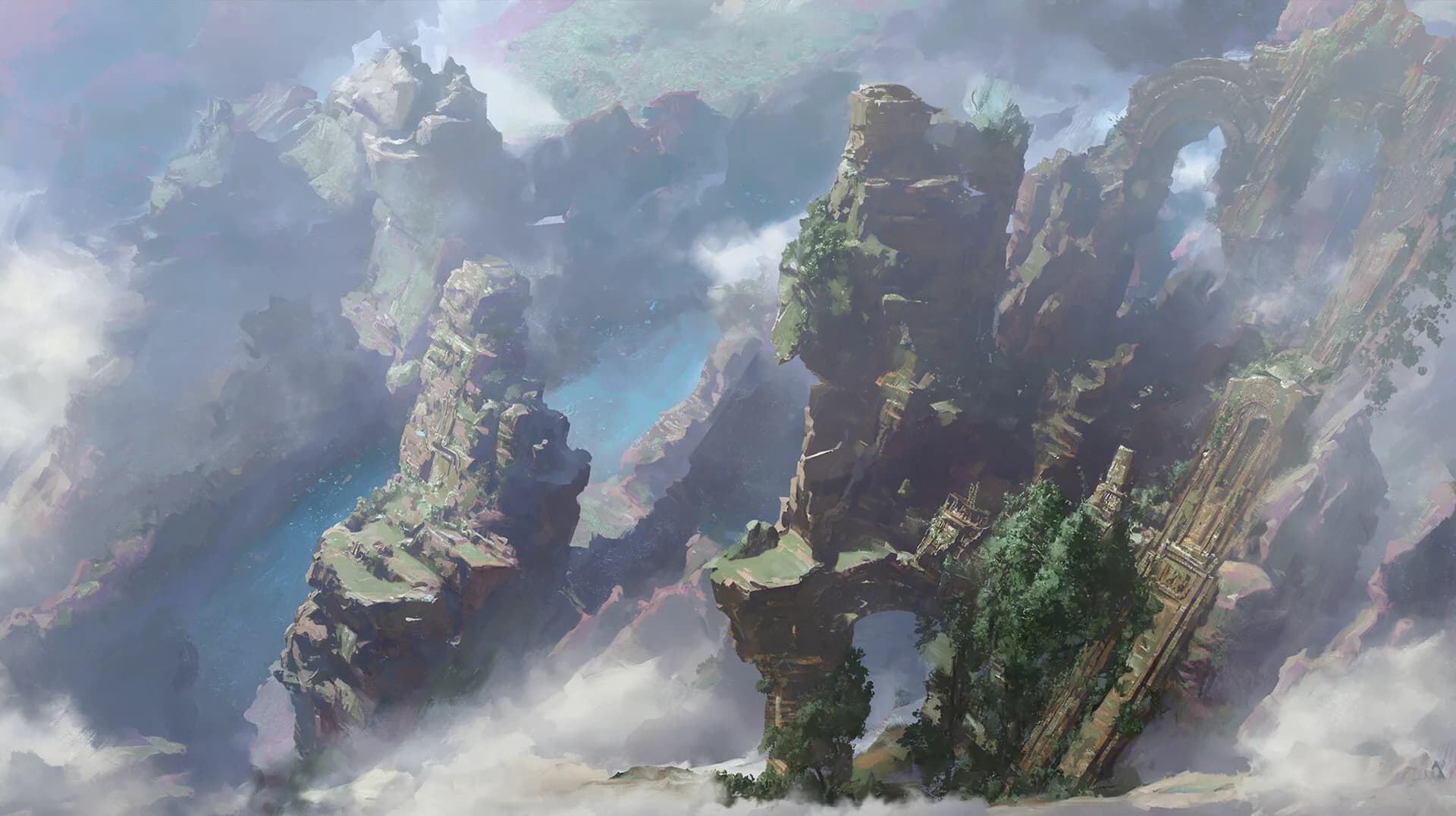 Towering stone arches and moss-covered spires rise above a misty fantasy canyon.